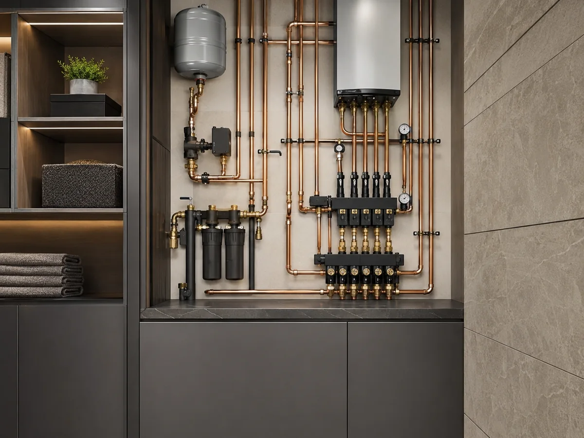 Installation représentative avec tuyaux de cuivre organisés